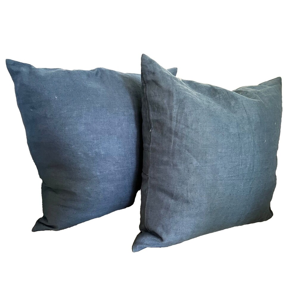 POTTERY BARN 2pc Blue Pillows 100% Linen w/Feather Insert 20" Pearl Buttons EUC - Picture 3 of 8